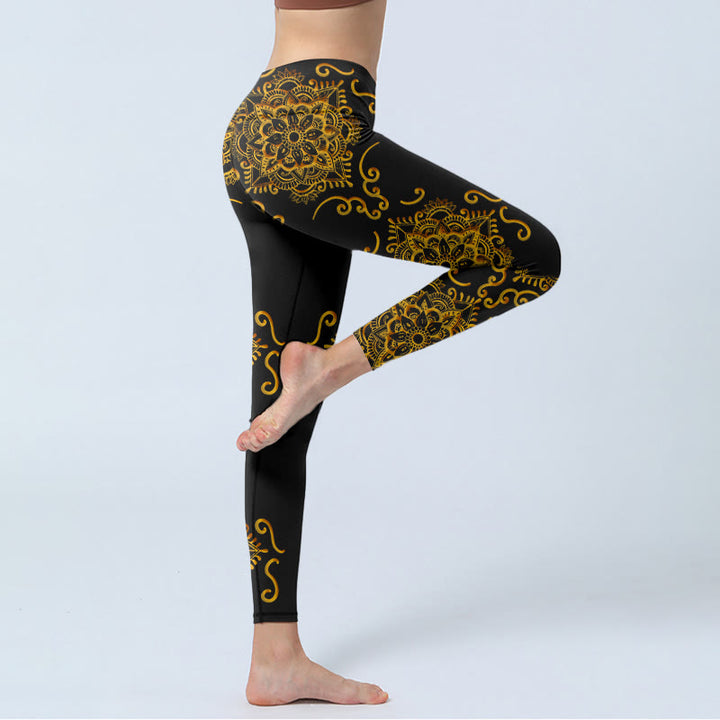 Buddha Stones Leggings da palestra con stampa di fiori mandala dorati, pantaloni da yoga da donna - image 3