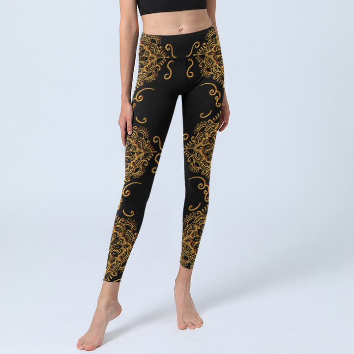 Buddha Stones Leggings da palestra con stampa di fiori mandala dorati, pantaloni da yoga da donna - image 5