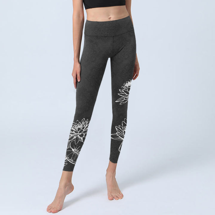Buddha Stones Leggings da palestra con stampa di foglie e fiori di loto bianchi, pantaloni da yoga da donna - image 5