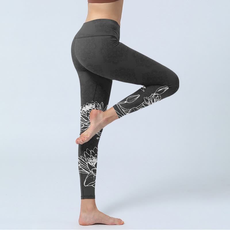 Buddha Stones Leggings da palestra con stampa di foglie e fiori di loto bianchi, pantaloni da yoga da donna - image 3