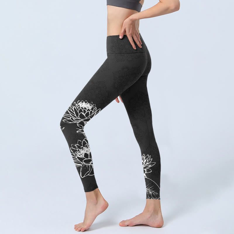 Buddha Stones Leggings da palestra con stampa di foglie e fiori di loto bianchi, pantaloni da yoga da donna - image 2
