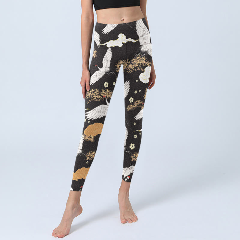 Leggings da palestra con stampa Buddha Stones, gru dalla corona rossa bianca e pini dorati, pantaloni da yoga da donna - image 6
