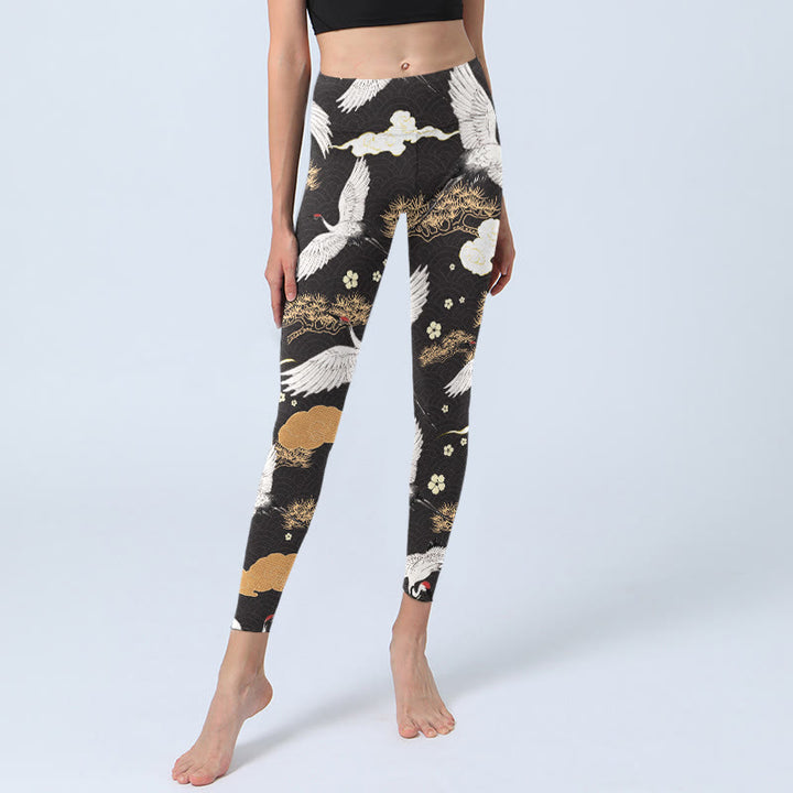 Leggings da palestra con stampa Buddha Stones, gru dalla corona rossa bianca e pini dorati, pantaloni da yoga da donna - image 6