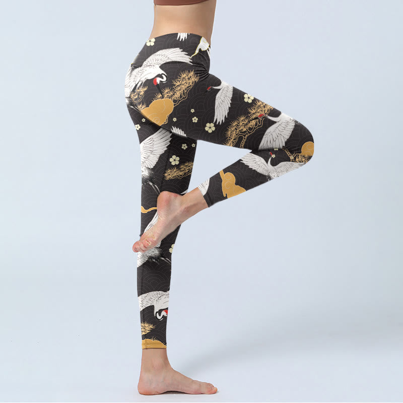 Leggings da palestra con stampa Buddha Stones, gru dalla corona rossa bianca e pini dorati, pantaloni da yoga da donna - image 3