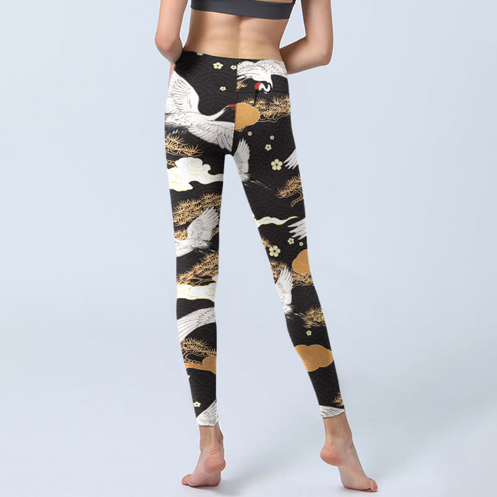 Leggings da palestra con stampa Buddha Stones, gru dalla corona rossa bianca e pini dorati, pantaloni da yoga da donna - image 7