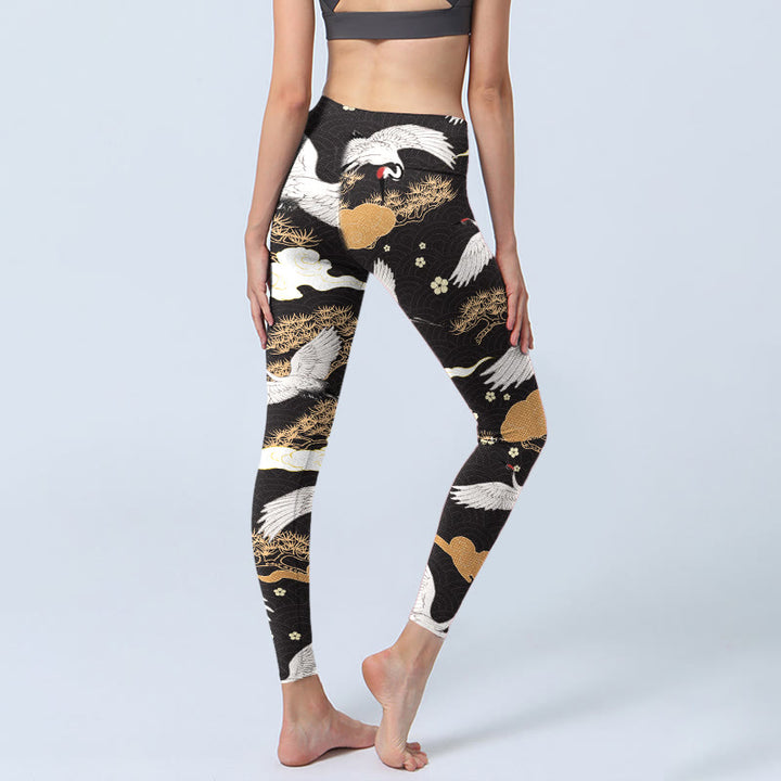 Leggings da palestra con stampa Buddha Stones, gru dalla corona rossa bianca e pini dorati, pantaloni da yoga da donna - image 5