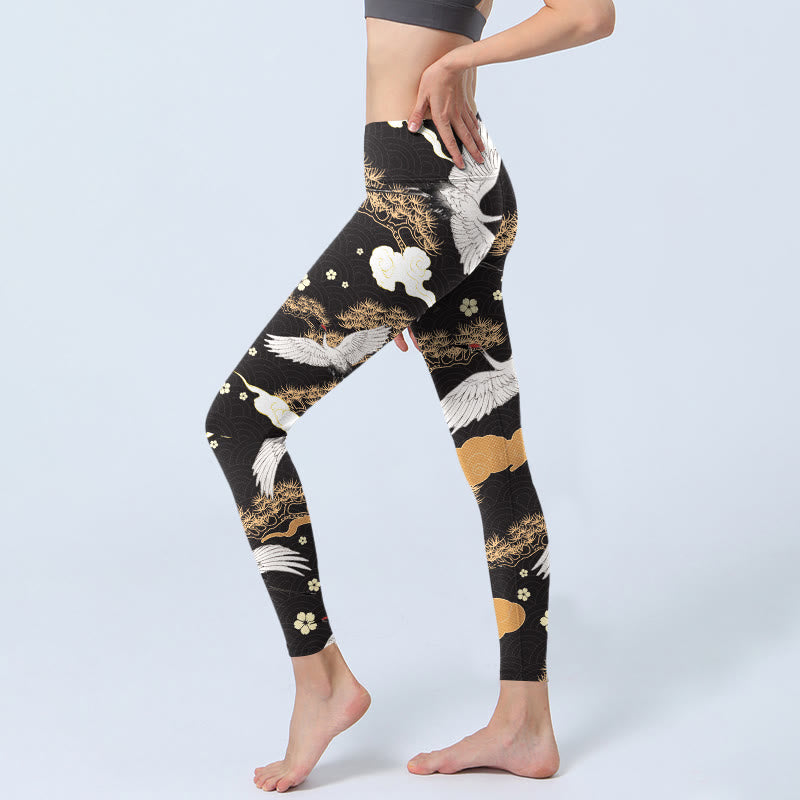 Leggings da palestra con stampa Buddha Stones, gru dalla corona rossa bianca e pini dorati, pantaloni da yoga da donna - image 3