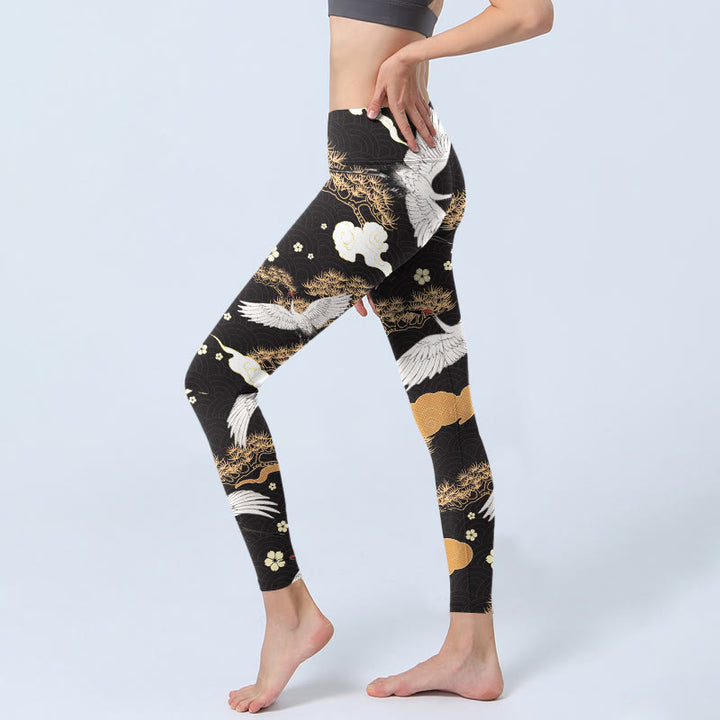 Leggings da palestra con stampa Buddha Stones, gru dalla corona rossa bianca e pini dorati, pantaloni da yoga da donna - image 3