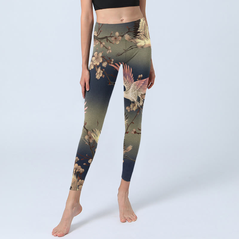 Buddha Stones Leggings da palestra con stampa di rami in fiore bianchi della gru bianca, pantaloni da yoga da donna - image 5