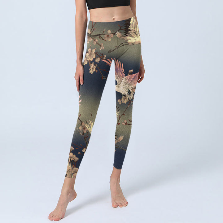 Buddha Stones Leggings da palestra con stampa di rami in fiore bianchi della gru bianca, pantaloni da yoga da donna - image 5