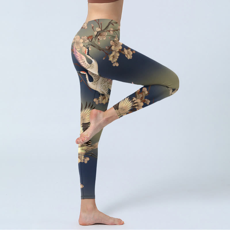 Buddha Stones Leggings da palestra con stampa di rami in fiore bianchi della gru bianca, pantaloni da yoga da donna - image 3