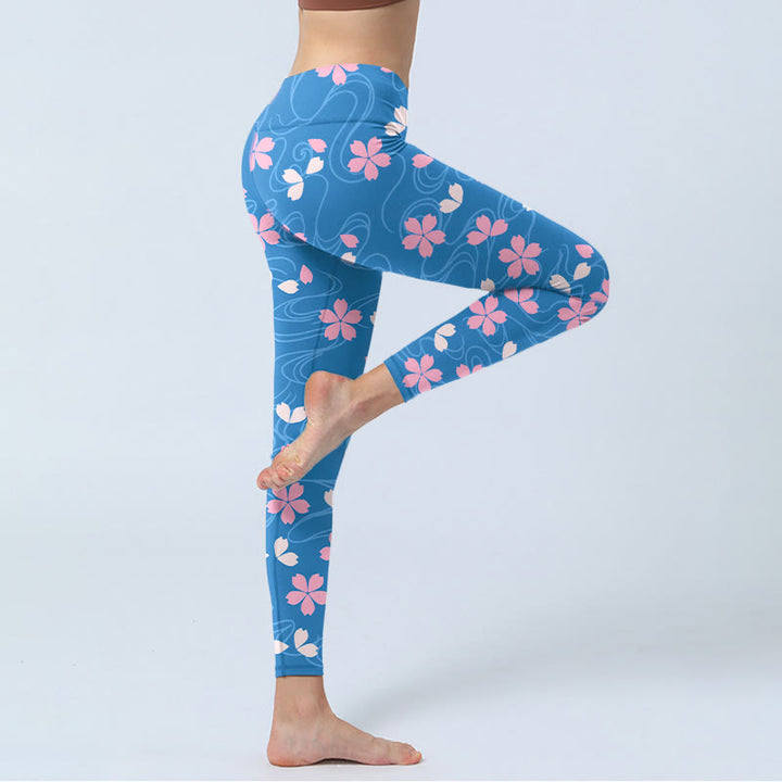 Leggings da palestra con stampa Buddha Stones Pink Cherry Blossoms Lines, pantaloni da yoga da donna - image 4