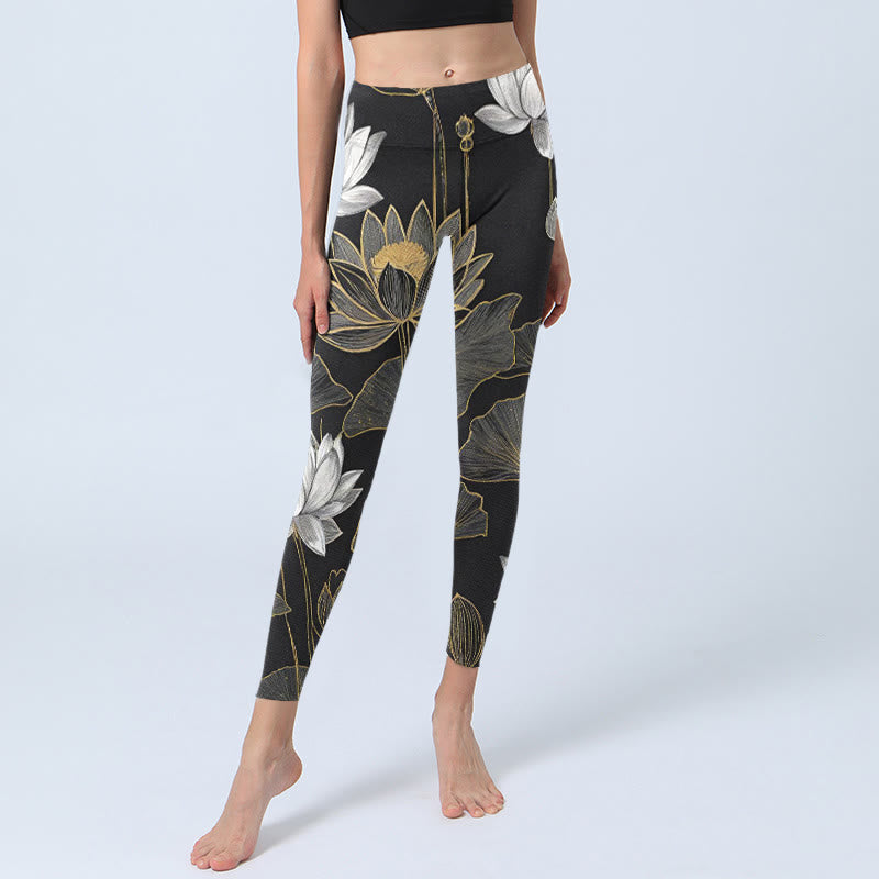 Leggings da palestra con stampa di Buddha Stones di loto dorate e bianche, pantaloni da yoga da donna - image 5