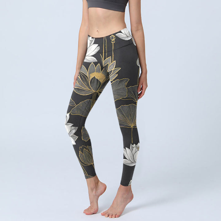 Leggings da palestra con stampa di Buddha Stones di loto dorate e bianche, pantaloni da yoga da donna - Nero - US18, UK/AU22, EU50 (4XL) - image 0