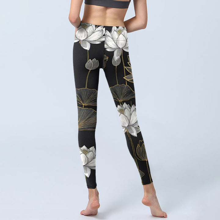Leggings da palestra con stampa di Buddha Stones di loto dorate e bianche, pantaloni da yoga da donna - image 6