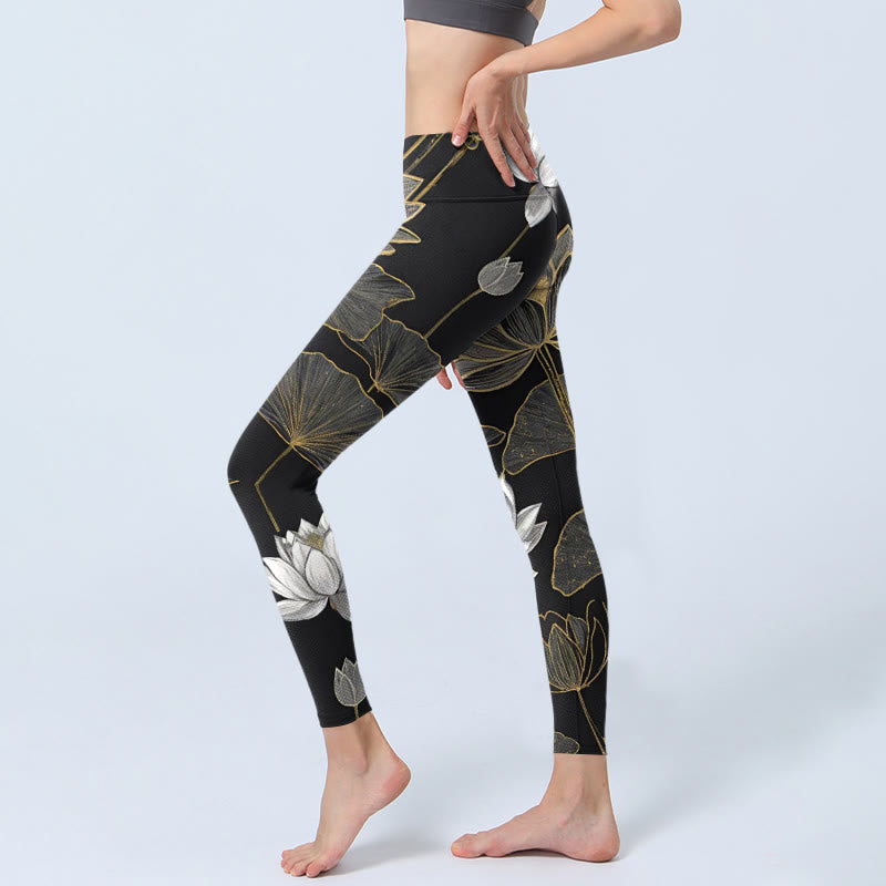 Leggings da palestra con stampa di Buddha Stones di loto dorate e bianche, pantaloni da yoga da donna - image 3