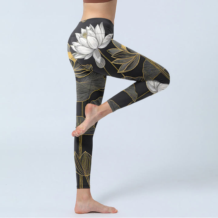 Leggings da palestra con stampa di Buddha Stones di loto dorate e bianche, pantaloni da yoga da donna - image 3