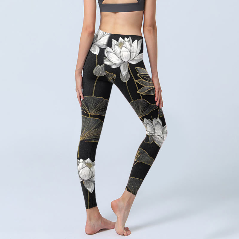 Leggings da palestra con stampa di Buddha Stones di loto dorate e bianche, pantaloni da yoga da donna - image 4