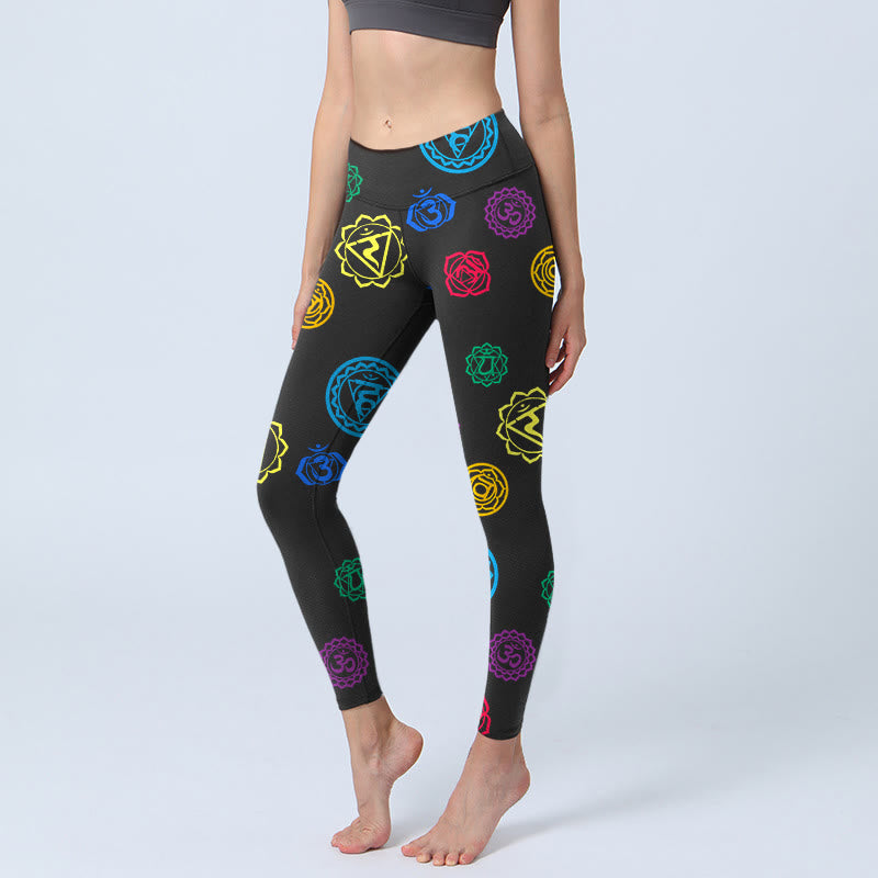 Leggings da palestra con stampa geometrica sanscrita con Buddha Stones e simbolo OM, pantaloni da yoga da donna - Nero - US18, UK/AU22, EU50 (4XL) - image 1