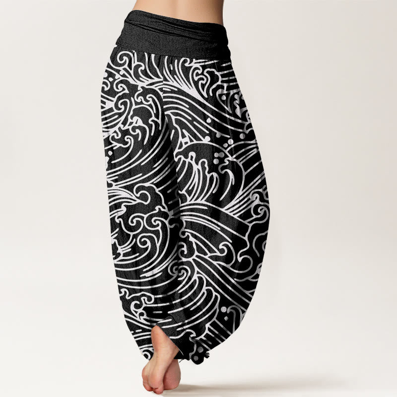Pantaloni harem da donna con elastico in vita e motivo a onde ruvide in cotone con Buddha Stones - image 1