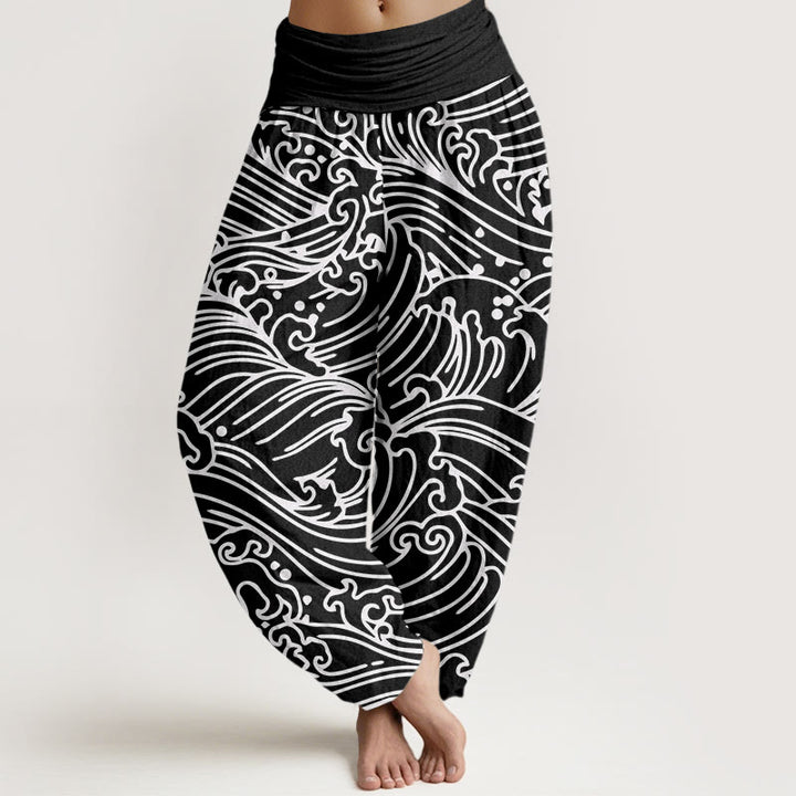 Pantaloni harem da donna con elastico in vita e motivo a onde ruvide Buddha Stones - Nero - US22, UK/AU26, EU54 (6XL) - image 1