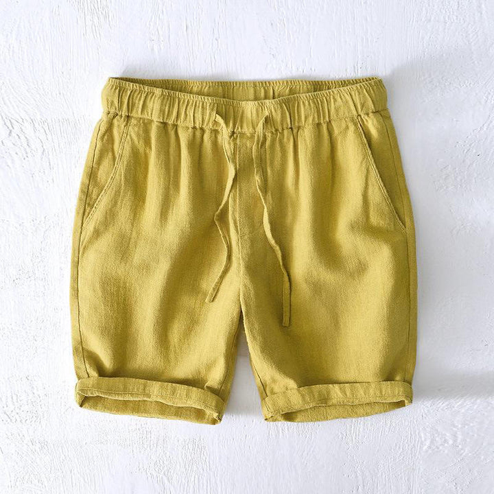 Pantaloncini da uomo estivi in ​​tinta unita con coulisse e elastico in vita, in ramia, lino e cotone, con tasche, con stampa Buddha Stones. - GialloVerde - US/UK/AU44, EU54 (4XL) - image 10