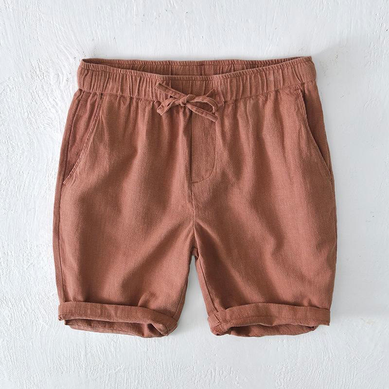 Pantaloncini da uomo estivi in ​​tinta unita con coulisse e elastico in vita, in ramia, lino e cotone, con tasche, con stampa Buddha Stones. - SandyBrown - US/UK/AU44, EU54 (4XL) - image 33