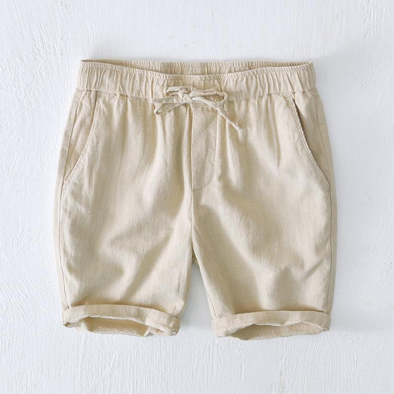 Pantaloncini da uomo estivi in ​​tinta unita con coulisse e elastico in vita, in ramia, lino e cotone, con tasche, con stampa Buddha Stones. - Beige - US/UK/AU44, EU54 (4XL) - image 0