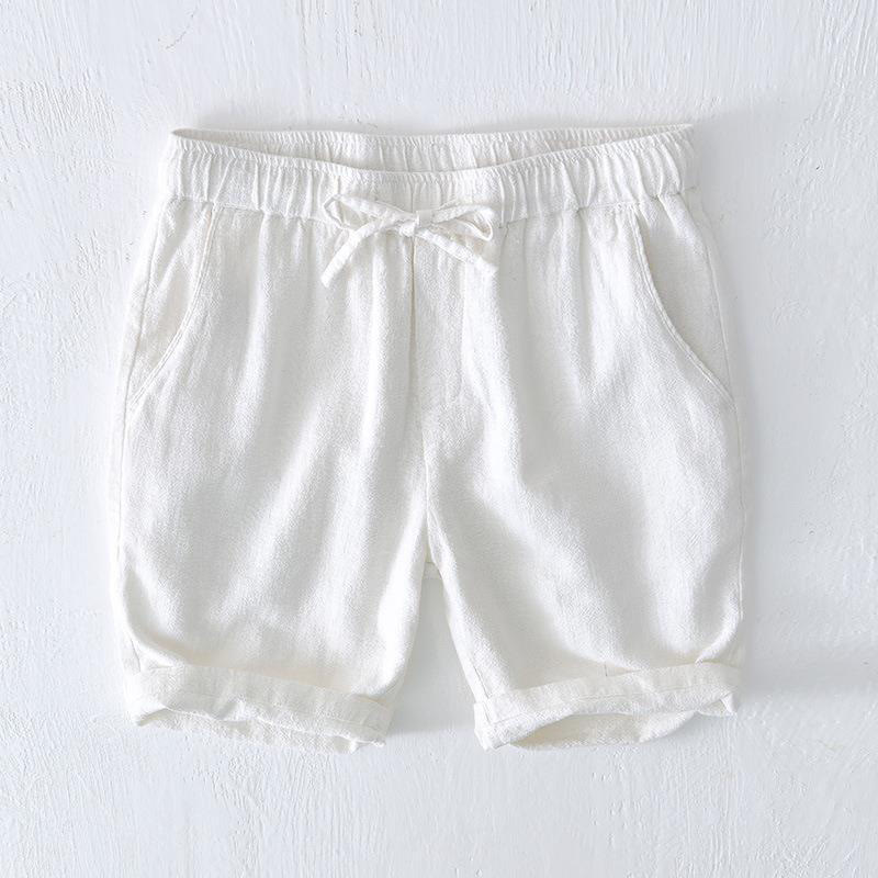 Pantaloncini da uomo estivi in ​​tinta unita con coulisse e elastico in vita, in ramia, lino e cotone, con tasche, con stampa Buddha Stones. - Bianco - US/UK/AU44, EU54 (4XL) - image 5