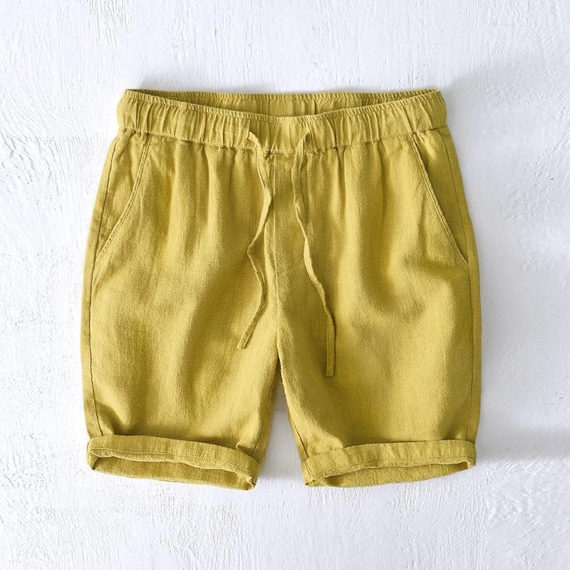 Pantaloncini da uomo estivi in ​​tinta unita con coulisse e elastico in vita, in ramia, lino e cotone, con tasche, con stampa Buddha Stones. - GialloVerde - US/UK/AU44, EU54 (4XL) - image 10