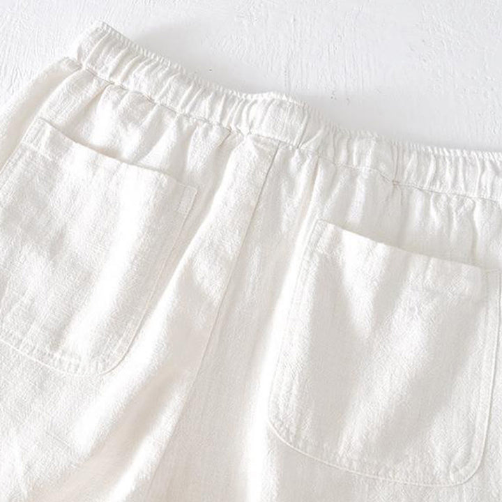 Pantaloncini da uomo estivi in ​​tinta unita con coulisse e elastico in vita, in ramia, lino e cotone, con tasche, con stampa Buddha Stones. - image 7