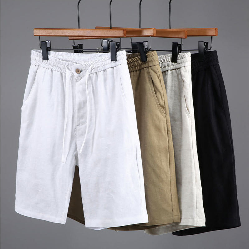 Pantaloncini da uomo in lino con tasche, modello Buddha Stones , tinta unita, con coulisse e bottoni - image 14