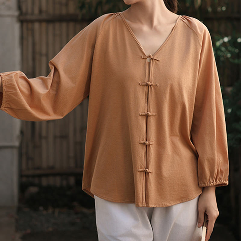Camicia da donna a maniche lunghe in cotone e lino con scollo a V, colore puro, motivo a rana cinese, motivo Buddha Stones - Cioccolato - US12, UK/AU16, EU44 (2XL) - image 1