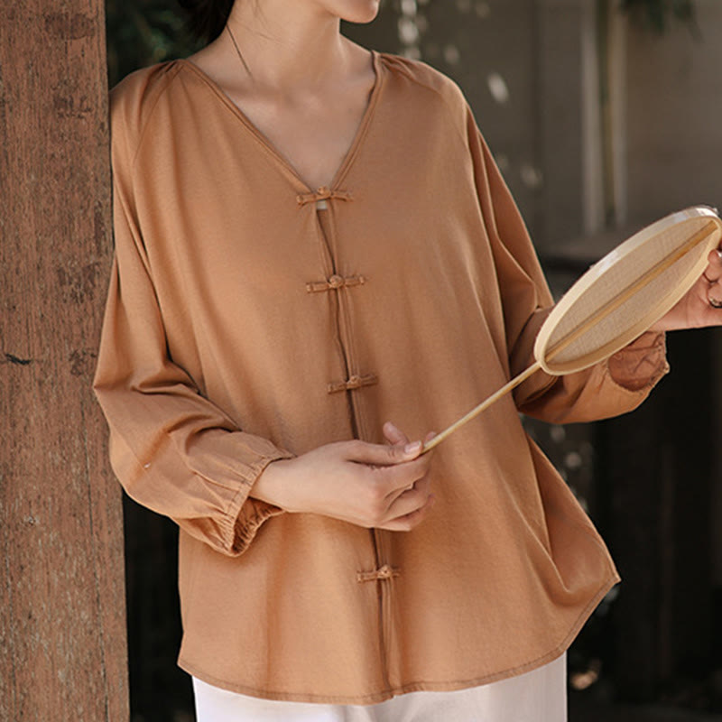 Camicia da donna a maniche lunghe in cotone e lino con scollo a V, colore puro, motivo a rana cinese, motivo Buddha Stones - image 2