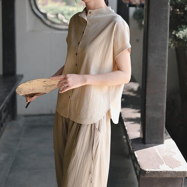 Camicia da donna in cotone a maniche corte con colletto rialzato, design vintage con bottoni Buddha Stones - image 14