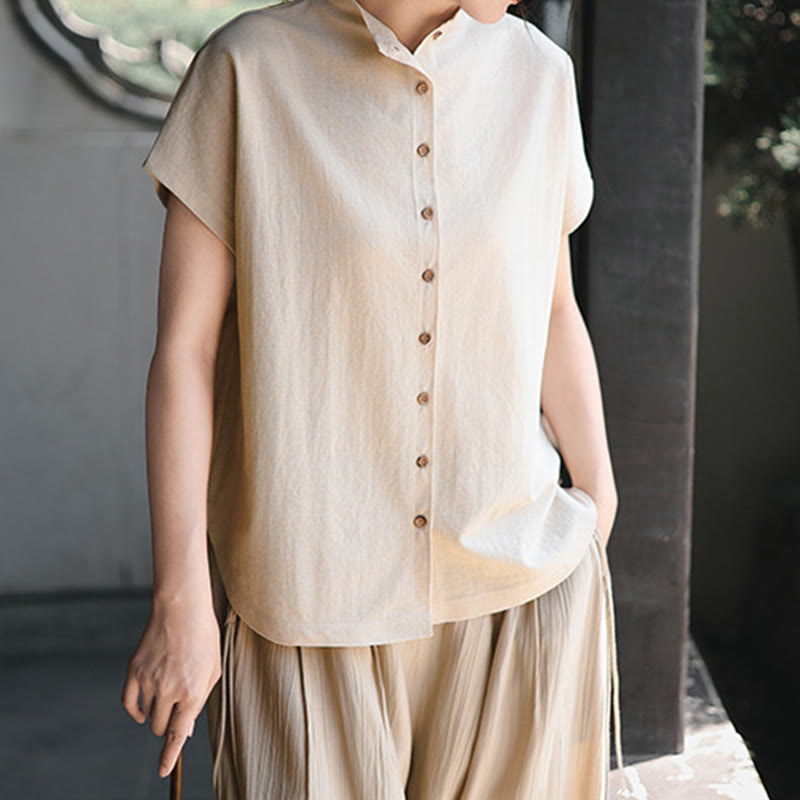 Camicia da donna in cotone a maniche corte con colletto rialzato, design vintage con bottoni Buddha Stones - image 12