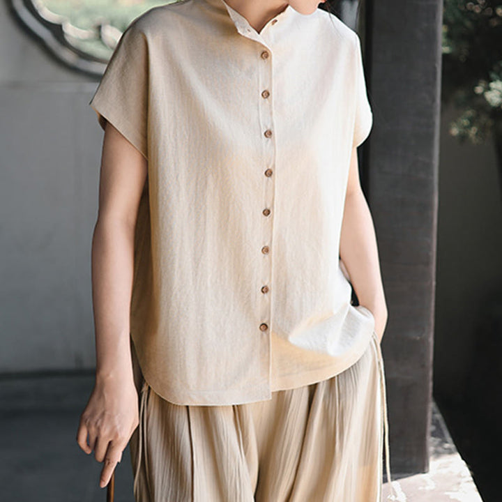 Camicia da donna in cotone a maniche corte con colletto rialzato, design vintage con bottoni Buddha Stones - image 12