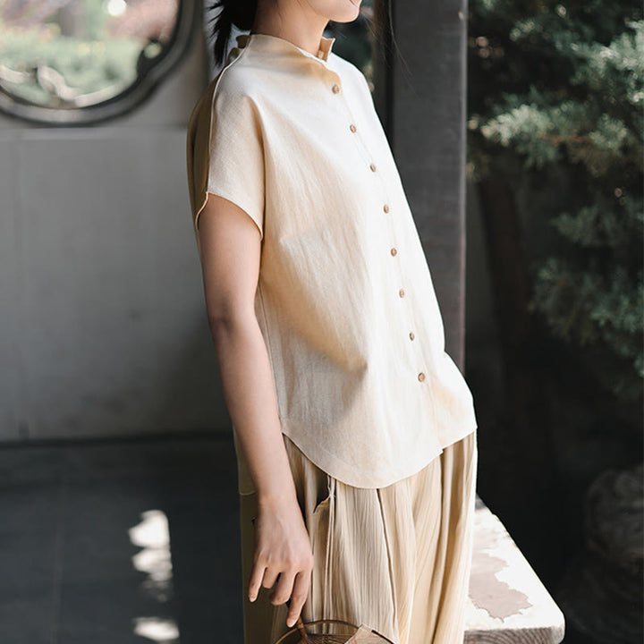 Camicia da donna in cotone a maniche corte con colletto rialzato, design vintage con bottoni Buddha Stones - image 12