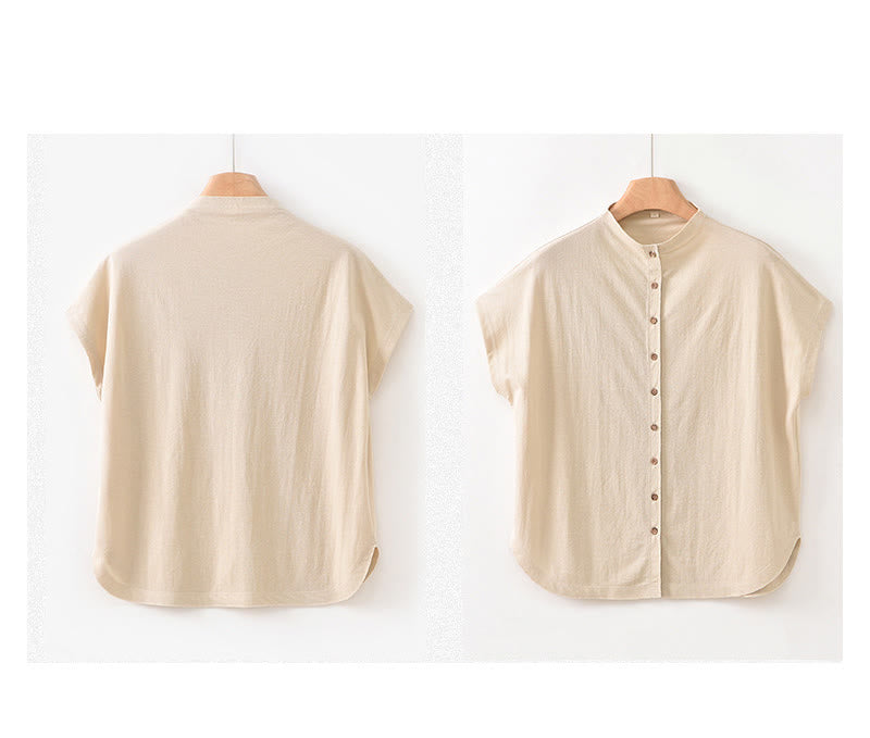 Camicia da donna in cotone a maniche corte con colletto rialzato, design vintage con bottoni Buddha Stones - image 21