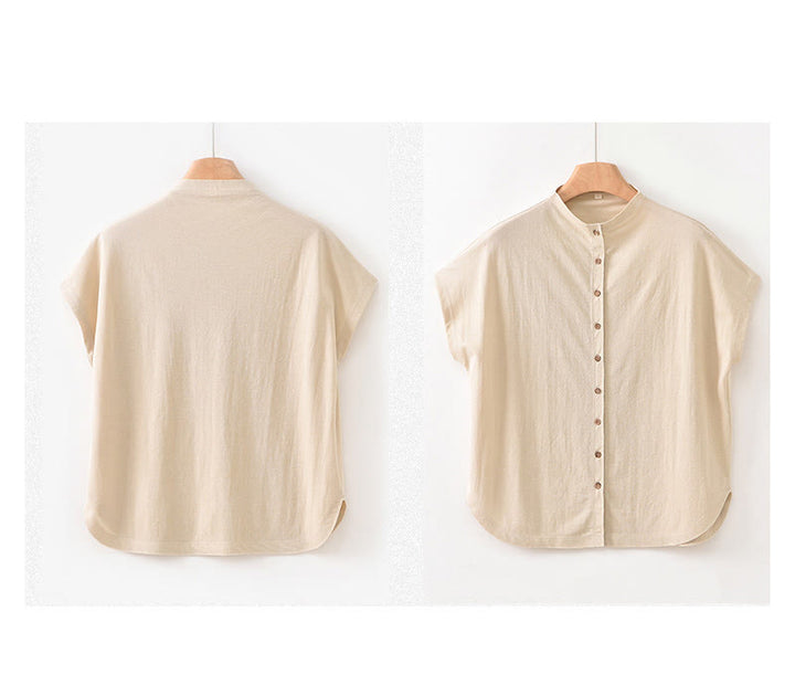 Camicia da donna in cotone a maniche corte con colletto rialzato, design vintage con bottoni Buddha Stones - image 21