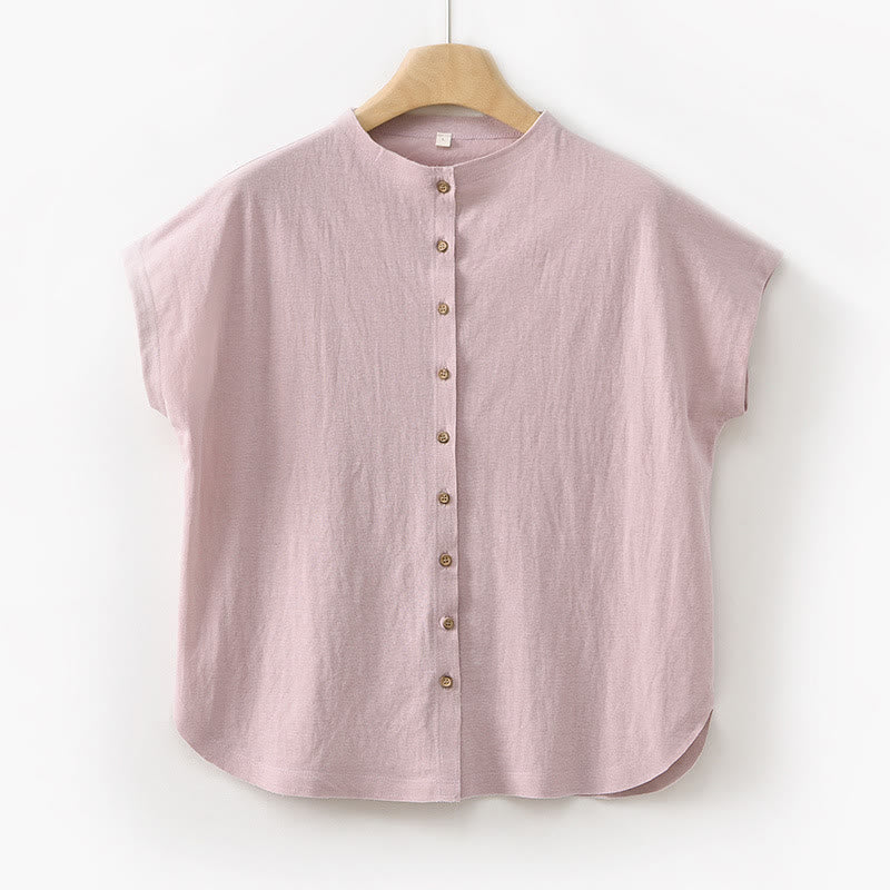 Camicia da donna in cotone a maniche corte con colletto rialzato, design vintage con bottoni Buddha Stones - Rosa - US8-10, UK/AU12-14, EU40-42 (2XL) - image 21