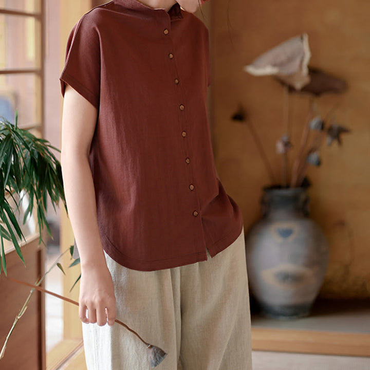 Camicia da donna in cotone a maniche corte con colletto rialzato, design vintage con bottoni Buddha Stones - image 7