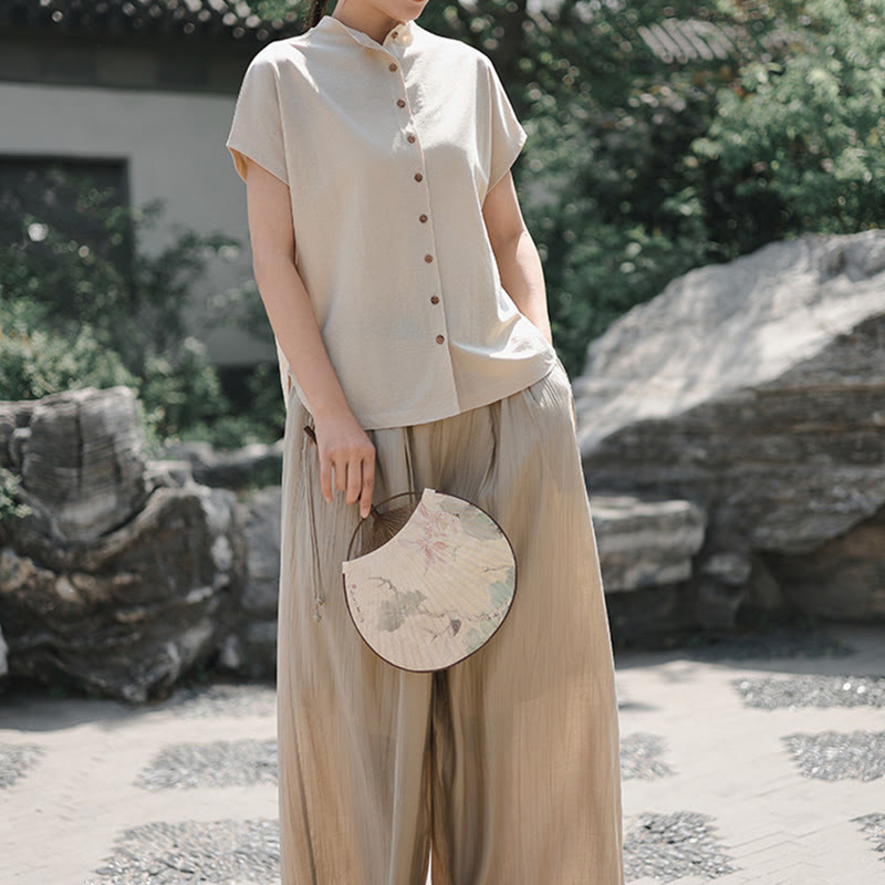 Camicia da donna in cotone a maniche corte con colletto rialzato, design vintage con bottoni Buddha Stones - image 16