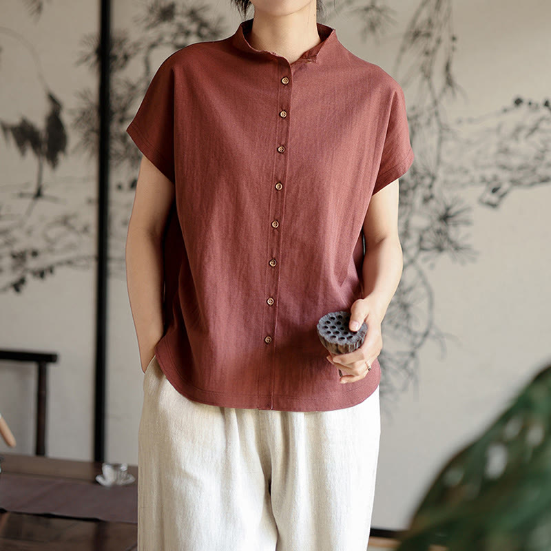 Camicia da donna in cotone a maniche corte con colletto rialzato, design vintage con bottoni Buddha Stones - image 3