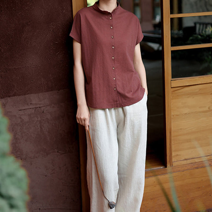 Camicia da donna in cotone a maniche corte con colletto rialzato, design vintage con bottoni Buddha Stones - image 8