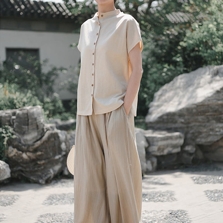 Camicia da donna in cotone a maniche corte con colletto rialzato, design vintage con bottoni Buddha Stones - image 14