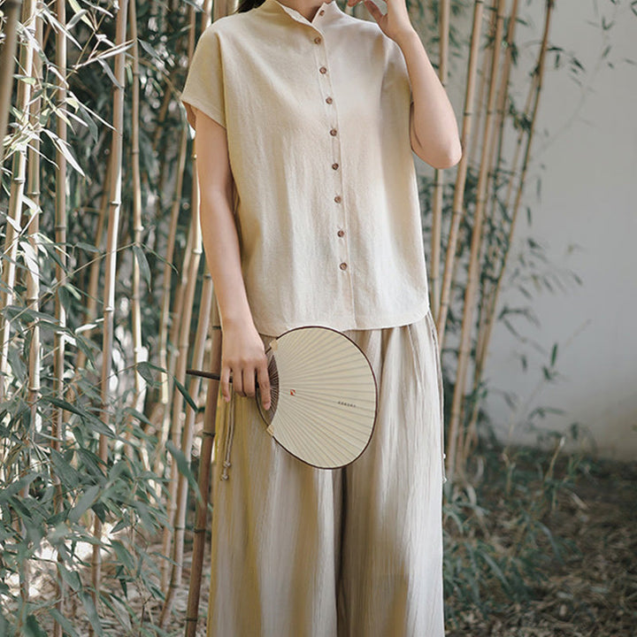 Camicia da donna in cotone a maniche corte con colletto rialzato, design vintage con bottoni Buddha Stones - image 16