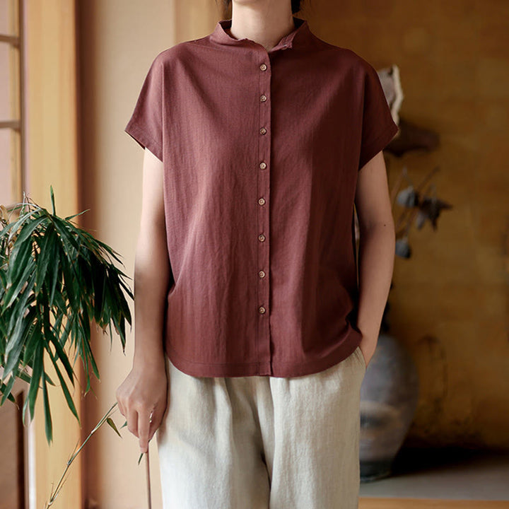 Camicia da donna in cotone a maniche corte con colletto rialzato, design vintage con bottoni Buddha Stones - image 4