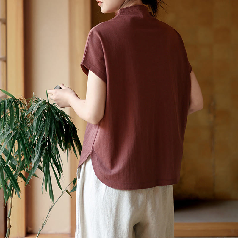 Camicia da donna in cotone a maniche corte con colletto rialzato, design vintage con bottoni Buddha Stones - image 5