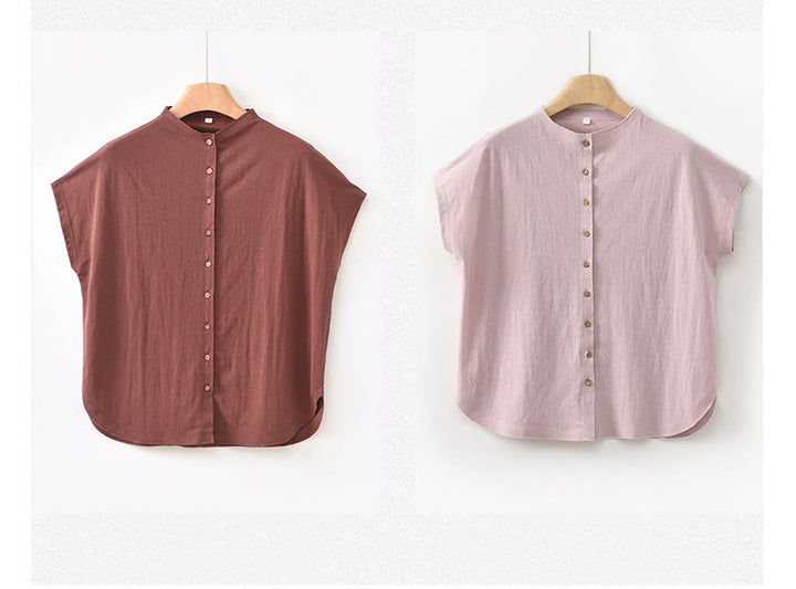 Camicia da donna in cotone a maniche corte con colletto rialzato, design vintage con bottoni Buddha Stones - image 22